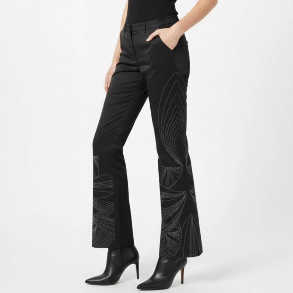 Express Black Beaded Sateen Midrise Flared Bootcut Pants 3/4 Party Chic Glam